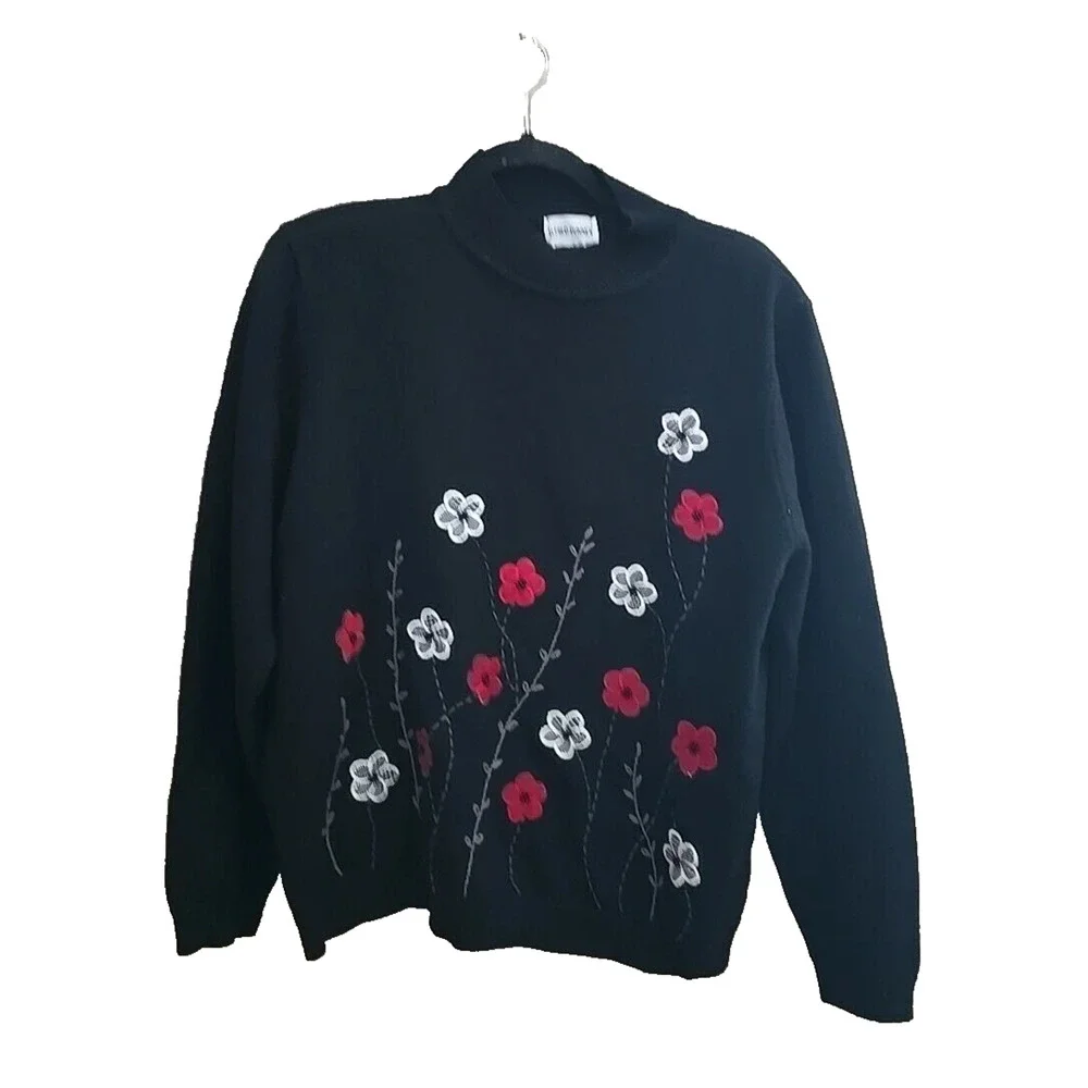 Alfred Dunner Black Embroidered Floral Beaded‎ Pullover Sweater Womans Size XL
